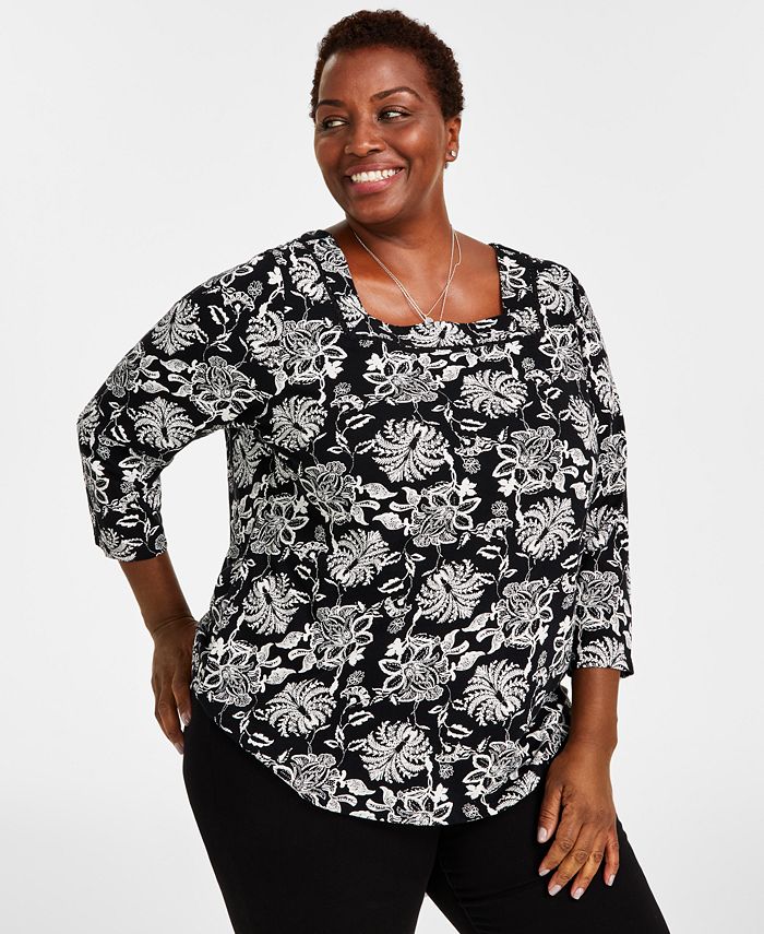 Style & Co Plus Size Cotton Printed Square-Neck Top, Created for Macy's ...