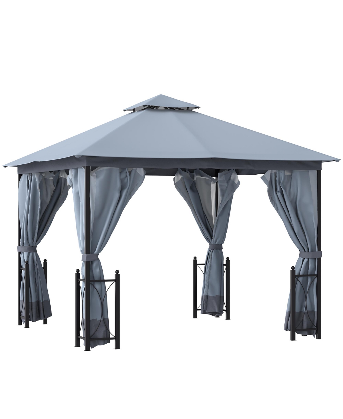 13' x 11' Patio Gazebo, Mesh, Curtains, Fancy Steel Frame, 2 Tier Roof, Outdoor Canopy Shelter, Garden Sun Shade Tent, Grey - Grey