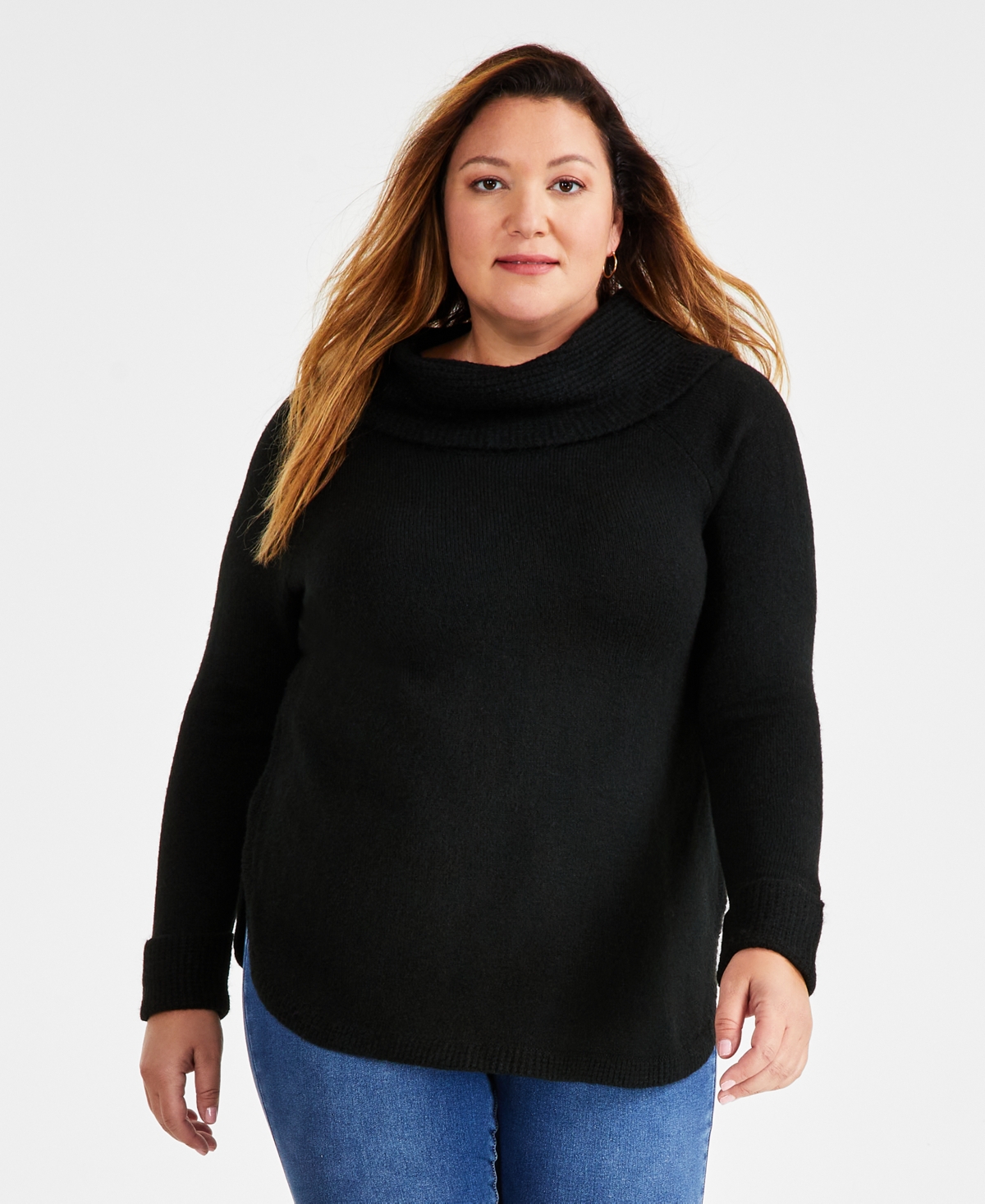 Style & Co Plus Size Waffle-knit Cowlneck Sweater, Created For Macy's In Deep Black