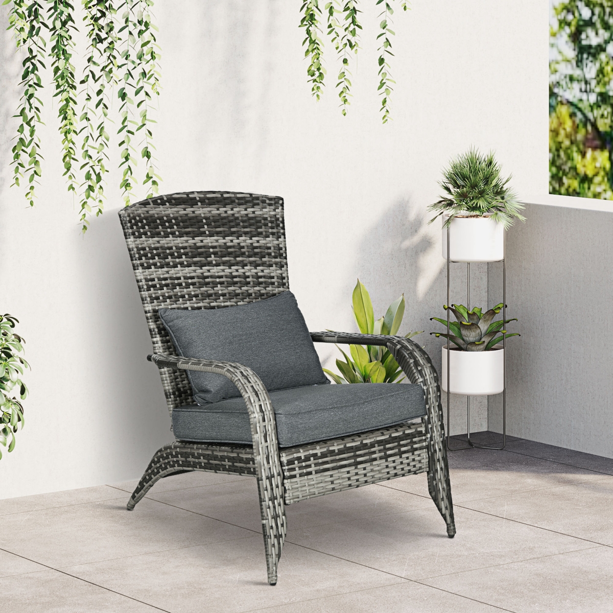 Outsunny Patio Wicker Adirondack Chair, Outdoor All-Weather Rattan Fire Pit Chair w/ Soft Cushions, Tall Curved Backrest and Comfortable Armrests for