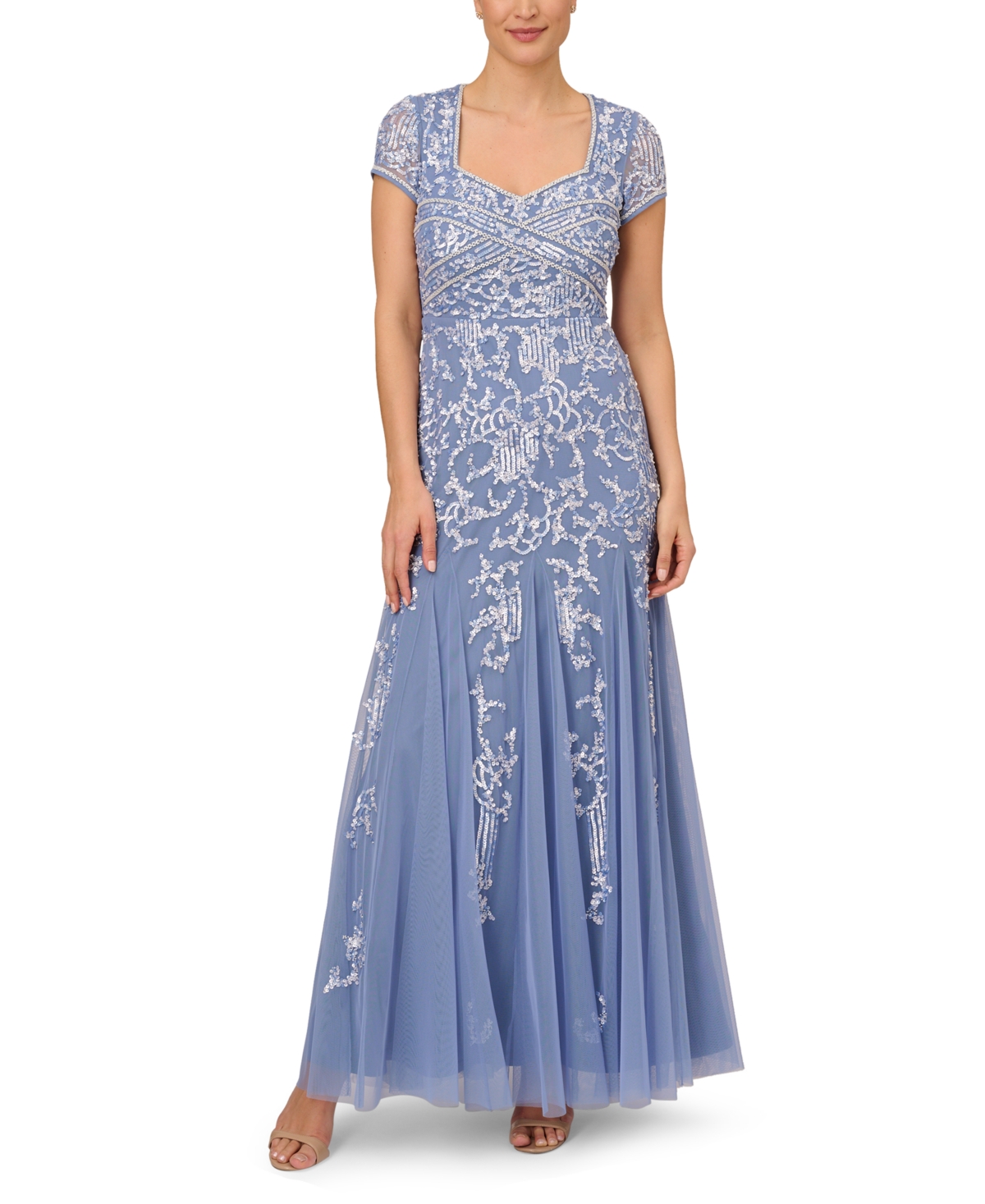 Best 1920s Prom Dresses – Great Gatsby Style Gowns Adrianna Papell Embellished Godet Gown - French Blue $349.00 AT vintagedancer.com