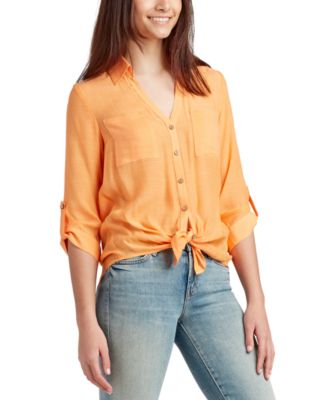 BCX - Juniors' Button-Up Roll-Tab-Sleeve Shirt