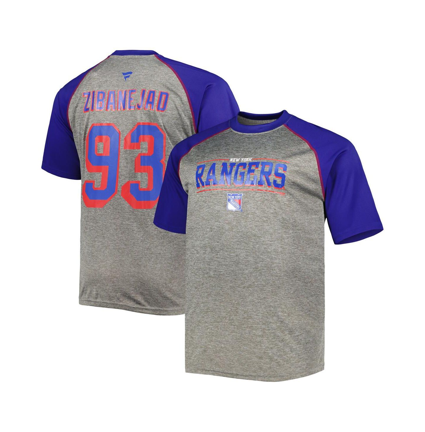 Мужская футболка Fanatics Mika Zibanejad Heather Gray, Blue New York Rangers Big and Tall Contrast Raglan Name and Number — фото 1