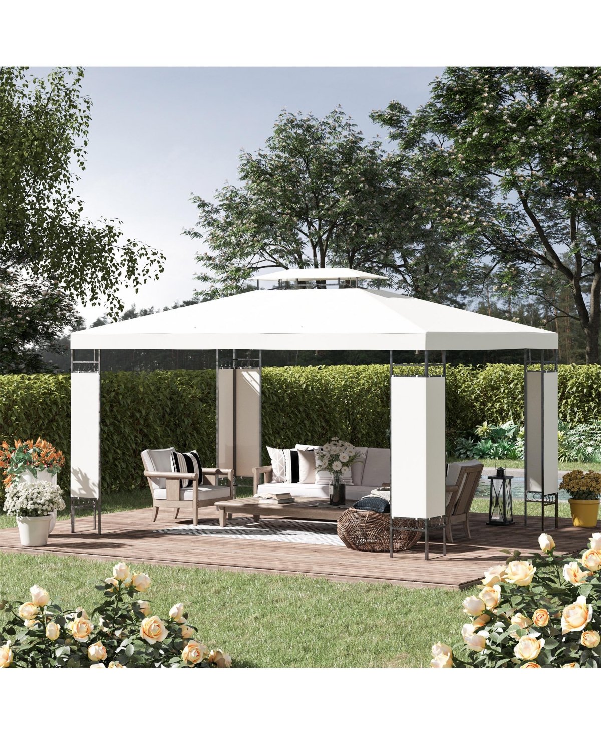 13' x 10' Patio Gazebo Outdoor Canopy Shelter with Double Vented Roof, Steel Frame for Lawn Backyard and Deck, Cream White - White