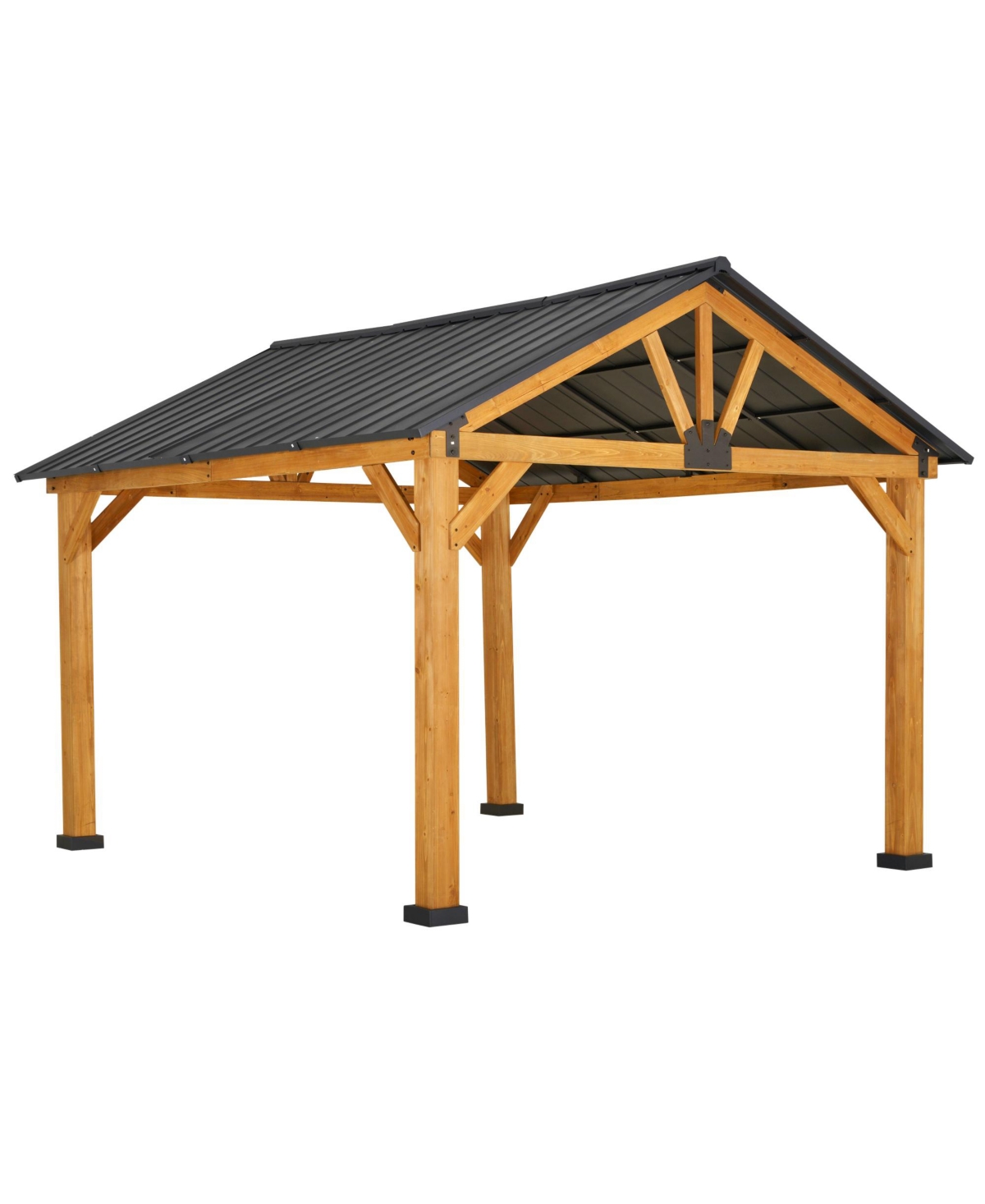 11x13 Hardtop Gazebo with Wooden Frame, Permanent Metal Roof Gazebo Canopy with Ceiling Hook for Garden, Patio, Backyard - Natural