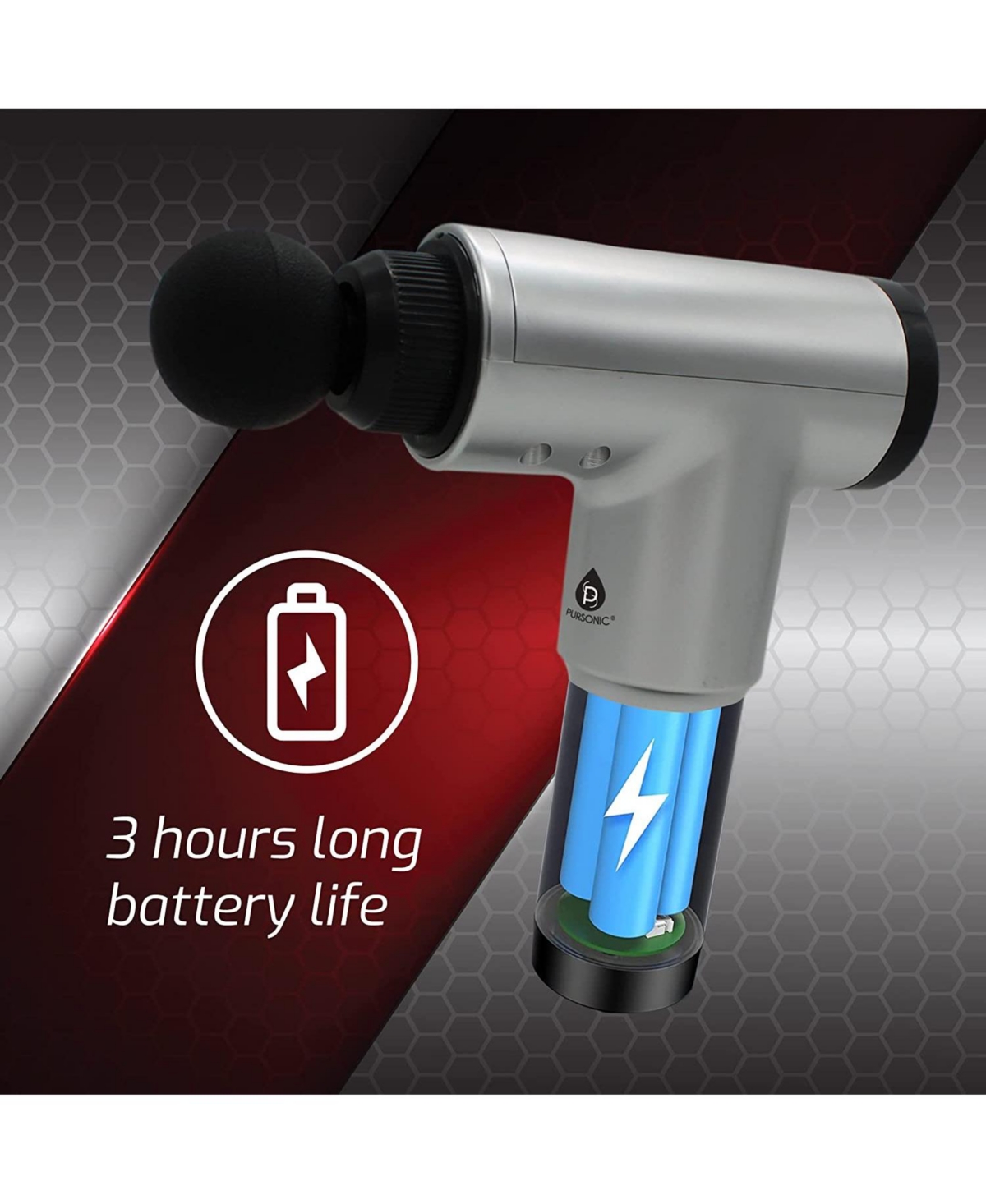 Pursonic Deep Tissue Massage Gun: Cordless, rechargeable, 6-speed massager for deep muscle relief. 3-hour battery life.