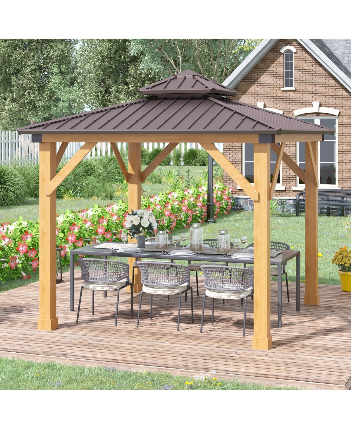 Outsunny 10x10 Hardtop Gazebo with Wooden Frame, Permanent Metal Roof Gazebo Canopy with Ceiling Light Hook for Garden, Patio, Backyard,- Brown