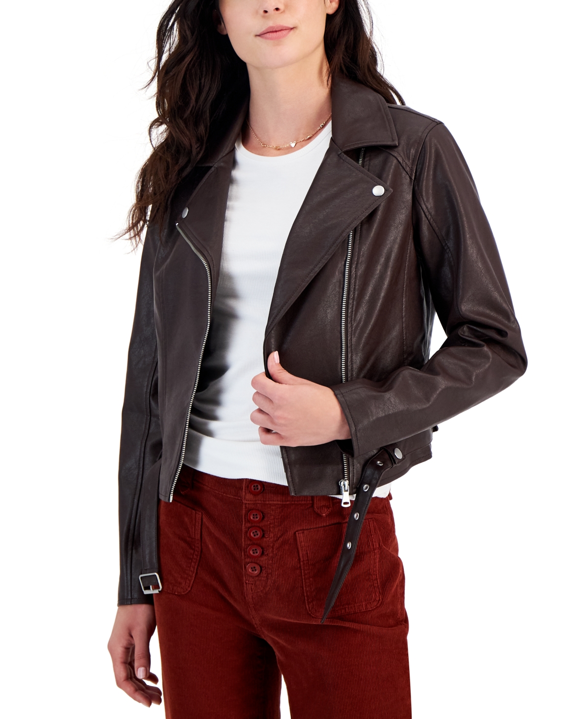 Coffeeshop Juniors' Faux-leather Long-sleeve Moto Jacket, Created By Macy's In Chocolate