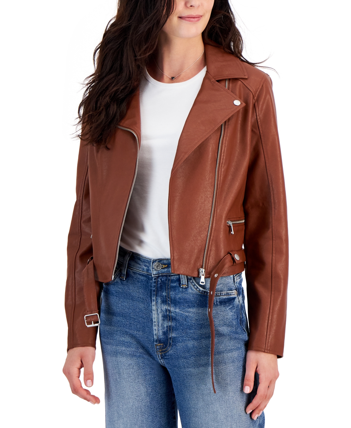 Coffeeshop Juniors' Faux-leather Long-sleeve Moto Jacket, Created By Macy's In Cognac