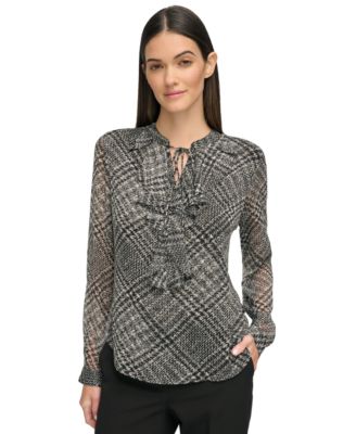 Tommy Hilfiger - Women's Textured-Plaid Tie-Neck Top