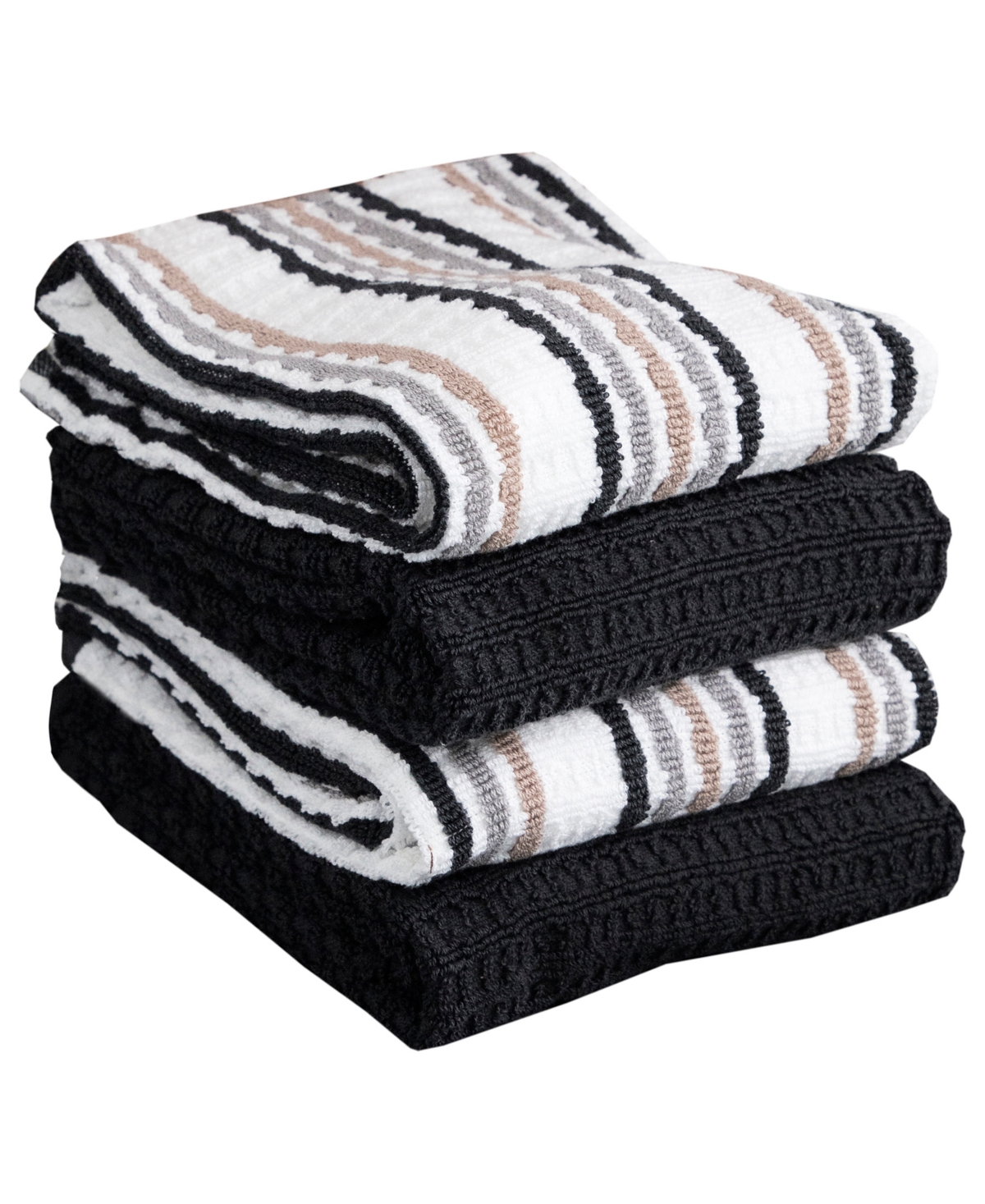 Solid and Stripe Waffle Kitchen Towel, Set of 4 - Charcoal