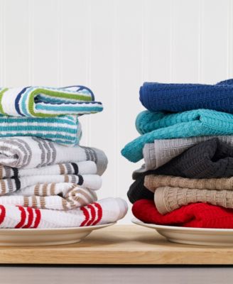 Solid and Stripe Waffle Kitchen Towel, Set of 4