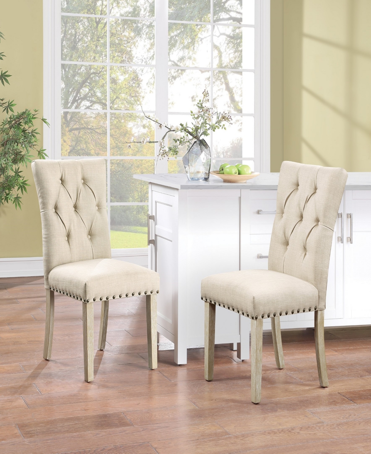 Preston Dining Chair 2-Pack with Antique-like Bronze Nailheads and Brushed Legs in Fabric