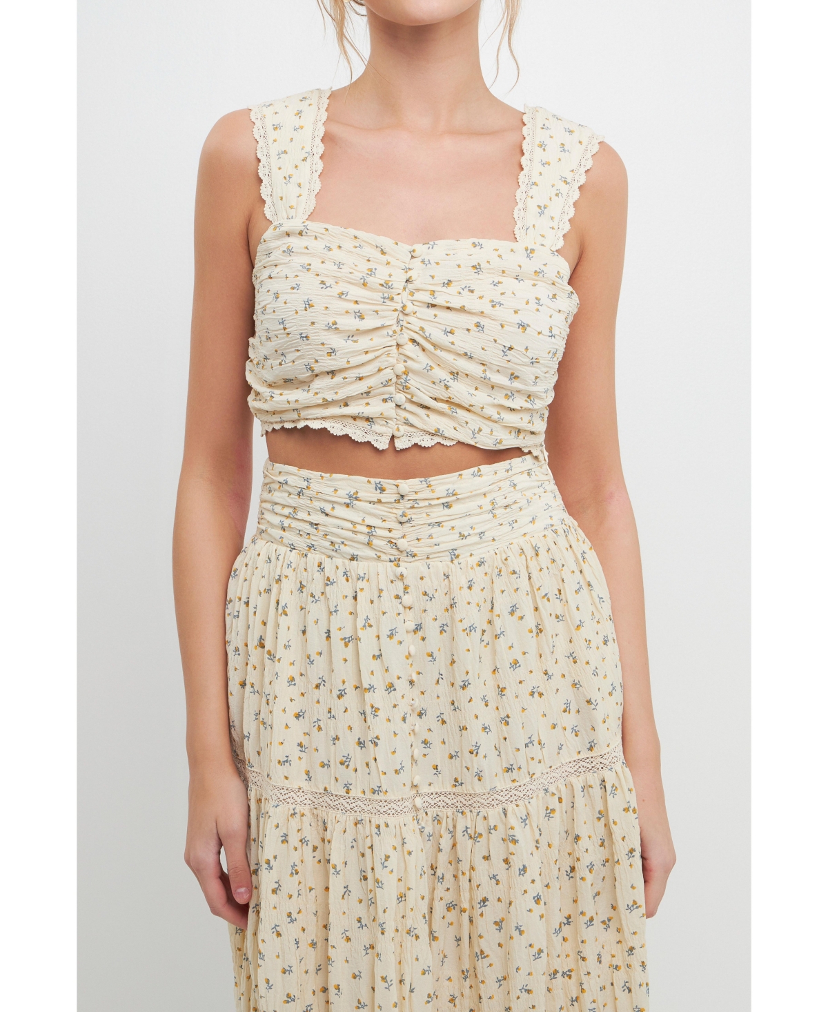 Women's Ruched Bandeau Laced Floral Top - Yellow