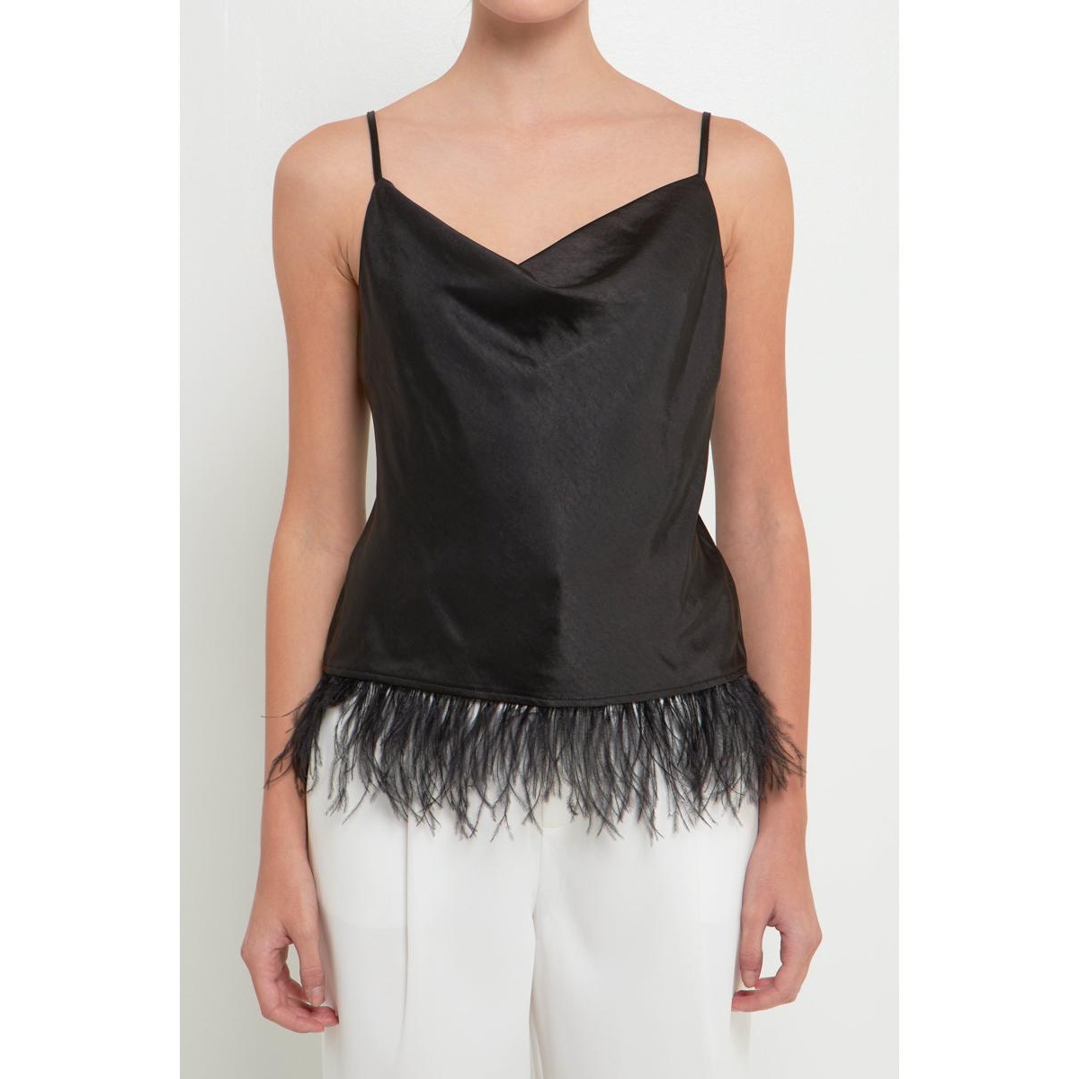 ENDLESS ROSE WOMEN'S SATIN COWL NECK TOP WITH FEATHER
