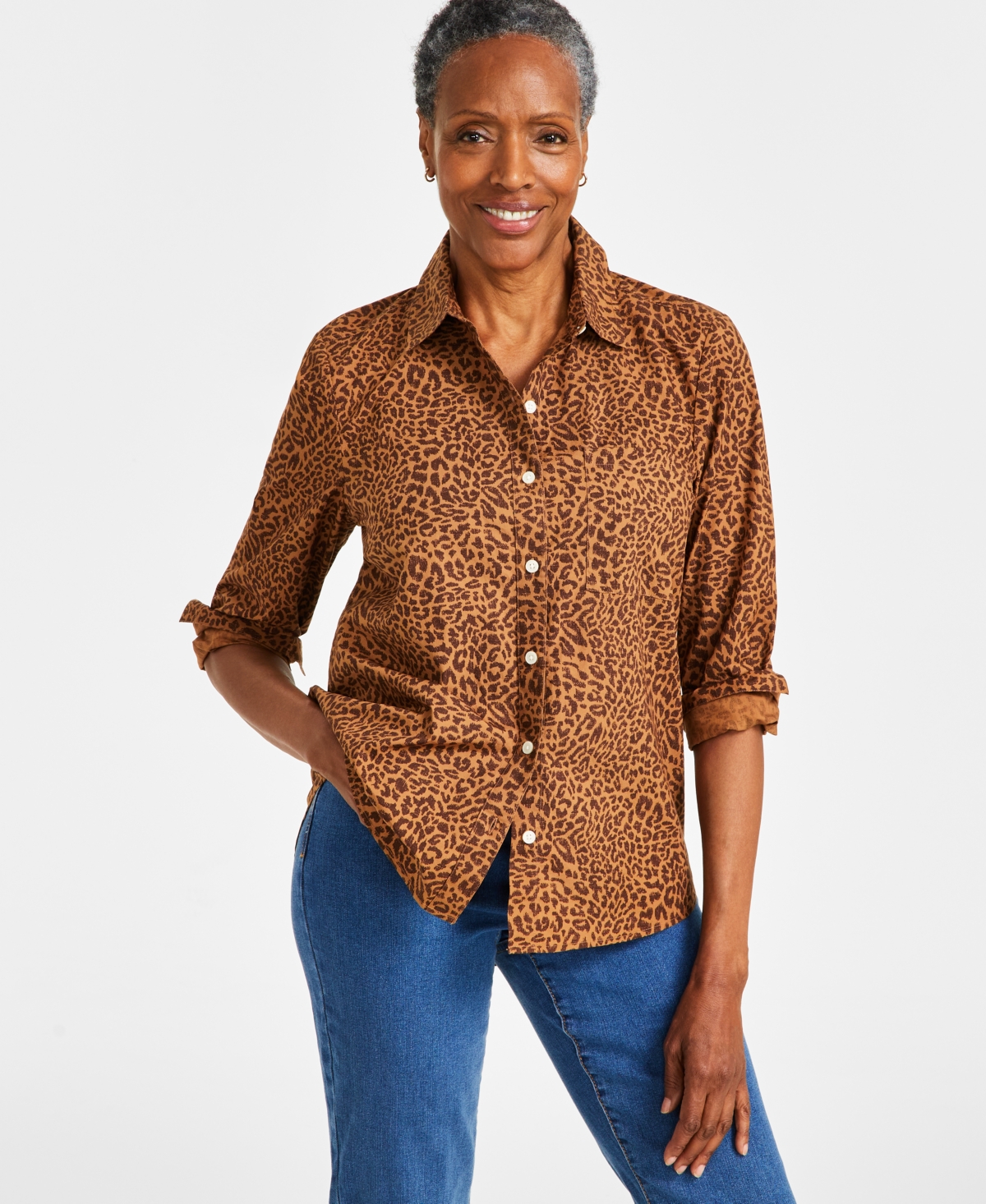 STYLE & CO WOMEN'S PERFECT PRINTED COTTON BUTTON-UP SHIRT, CREATED FOR MACY'S