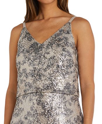 R M Richards Women's  Sequined Long Sleeve Jewel Neck Maxi Blouson Evening Dress Beige Size 20W