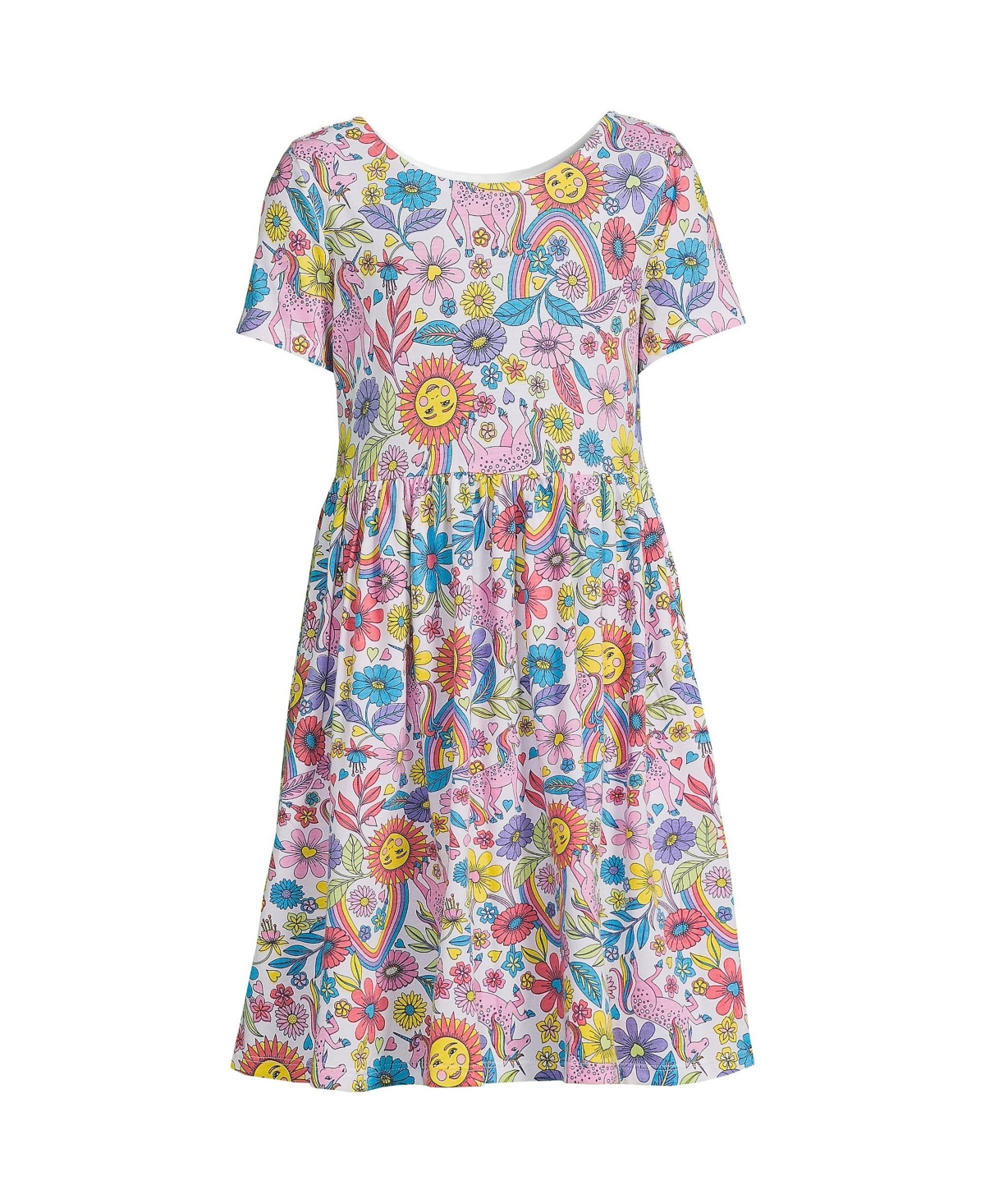 Lands' End Child Girls Short Sleeve Gathered Waist Jersey Dress In Pink  Rainbow Unicorn | ModeSens