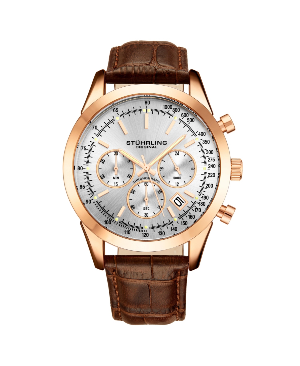 Stuhrling Mens Monaco Brown Leather , Silver-Tone Dial , 44mm Round Watch