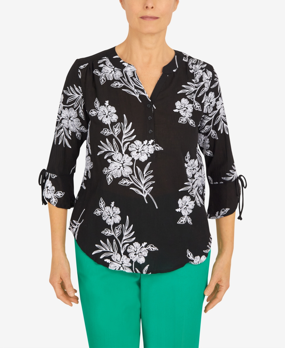 Alfred Dunner Petite Island Vibes Bell Sleeve Floral Embroidered Top In Onyx