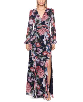 Xscape Women's Floral-print Ruffled Long-sleeve Gown In Navy Rose ...