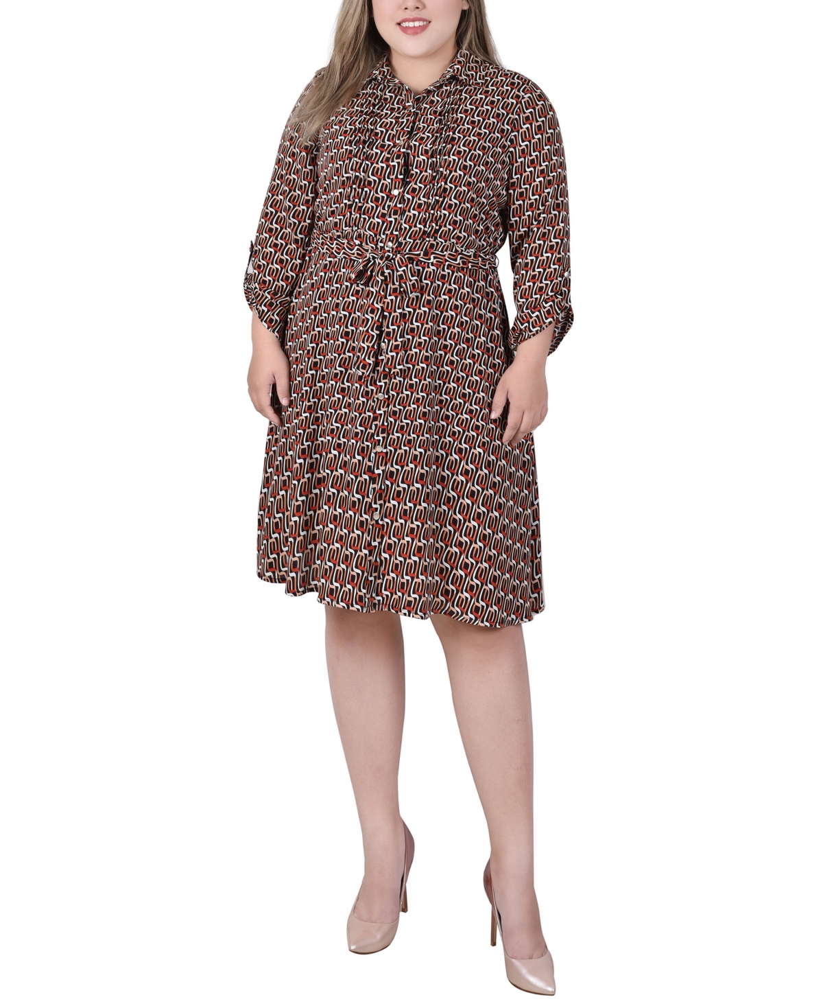Ny Collection Plus Size Long Roll Tab Sleeve Dobby Dress In Black Red ...