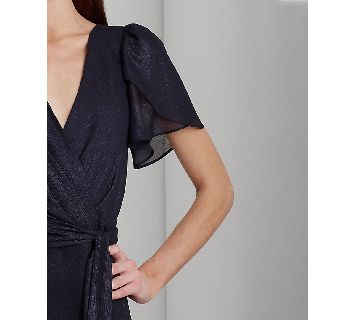 Shop Lauren Ralph Lauren Women's Ruffle-trim Metallic Chiffon Gown In Navy Foil