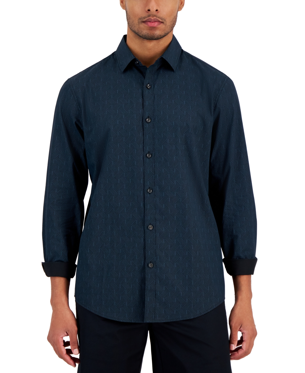 Alfani Men's Long Sleeve Geo Print Button-front Shirt, Created For Macy's In Deep Black