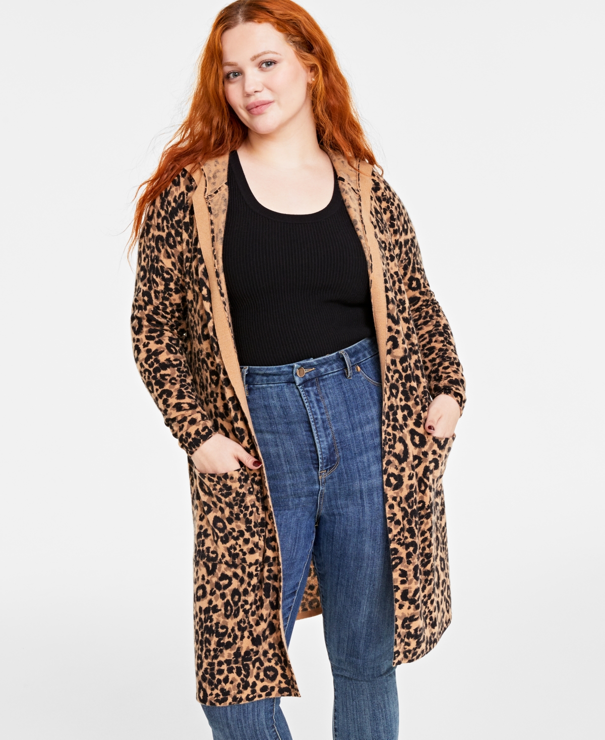 Charter Club Plus Size Cheetah-print Hooded Open 100% Cashmere Cardigan, Created For Macy's In Pecan Sandie