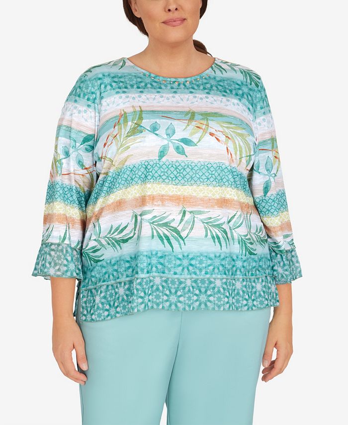 Alfred Dunner Plus Size Coconut Grove Texture Leaf Stripe 3/4 Sleeve ...