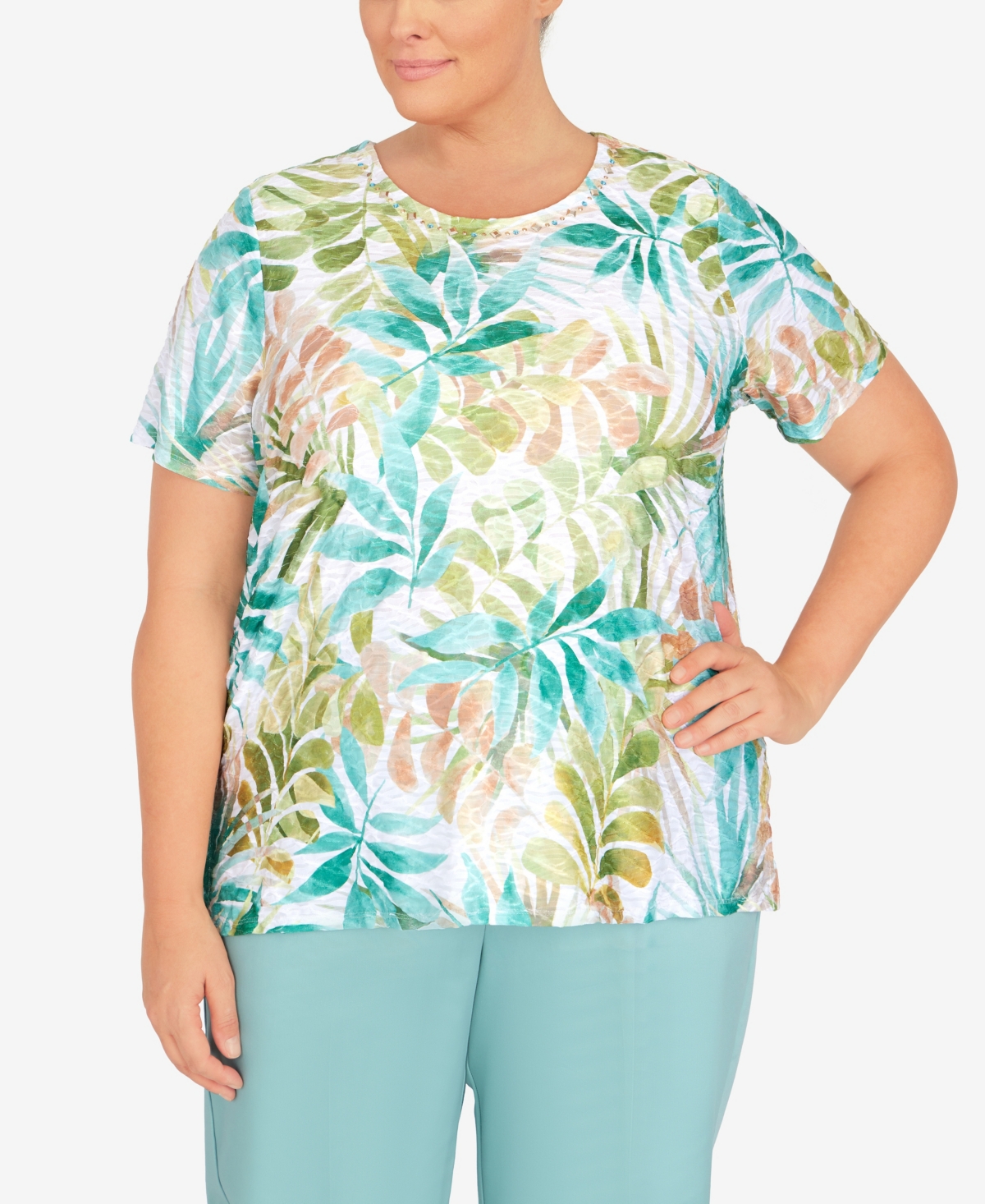 ALFRED DUNNER PLUS SIZE COCONUT GROVE TROPICAL LEAVES SHORT SLEEVE TOP