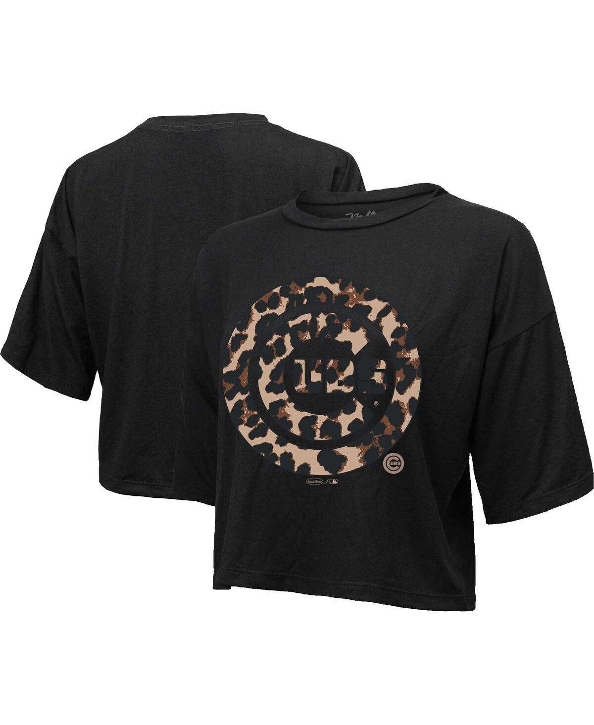 Women's Majestic Threads Black Chicago Cubs Leopard Cropped T-shirt - Black
