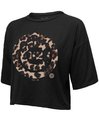 Women's Threads Black Chicago Cubs Leopard Cropped T-shirt