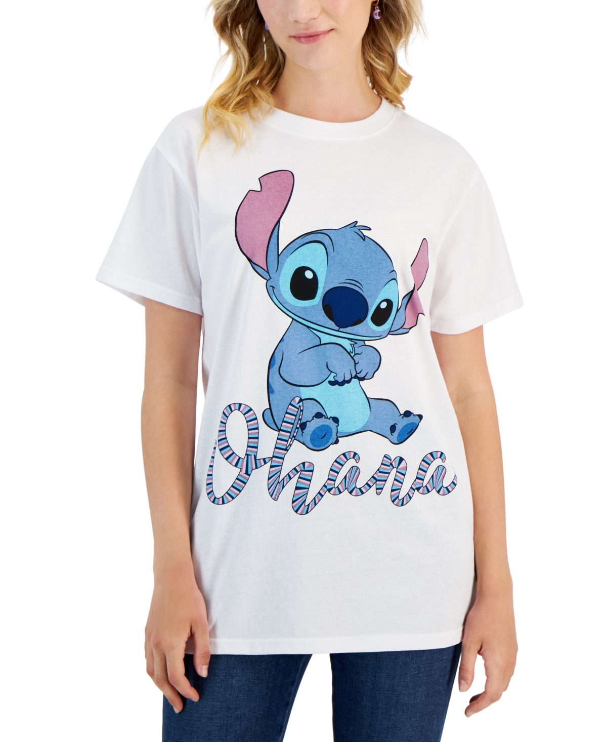 Disney Juniors' Stitch Ohana Short-sleeve Boyfriend T-shirt In White