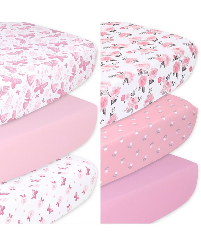 The Peanutshell Pink Butterfly, Rose and Floral Fitted Crib Sheets for