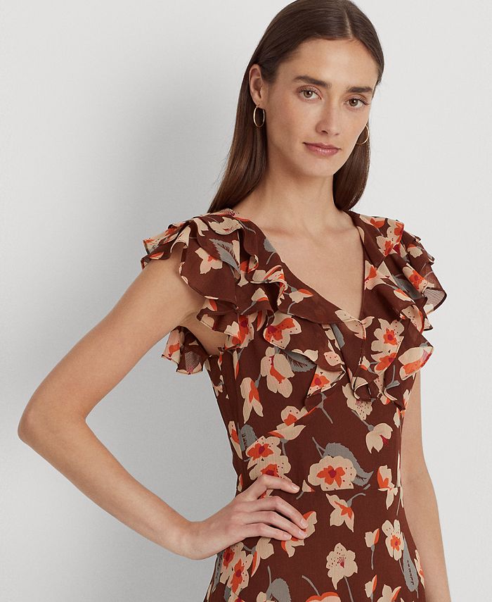 Lauren Ralph Lauren Womens Floral Ruffle Trim Georgette Dress Macys 1497