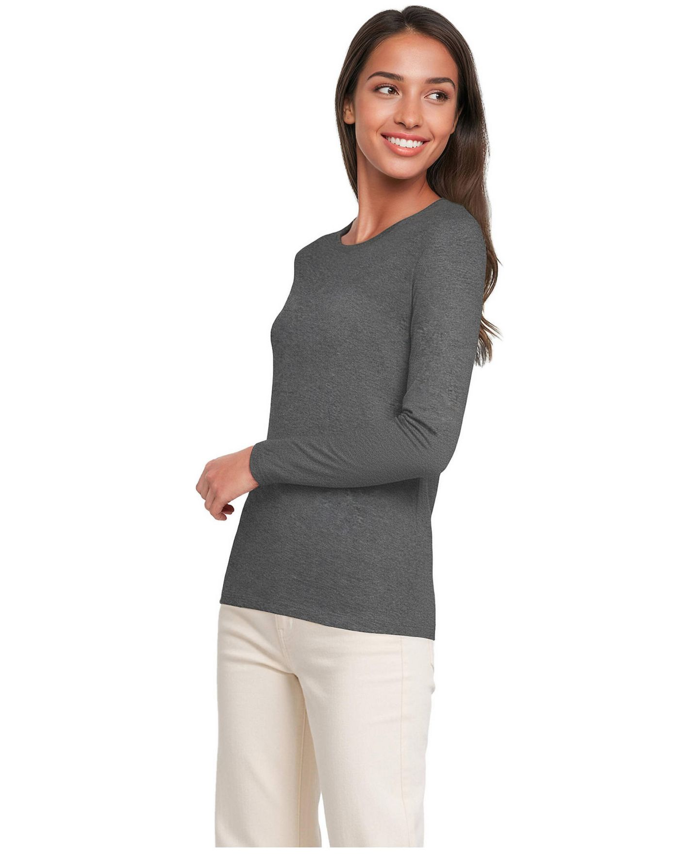 Женская футболка Lands' End Relaxed Supima Cotton Long Sleeve Crew Neck, цвет: Угольный меланжевый — фото 6