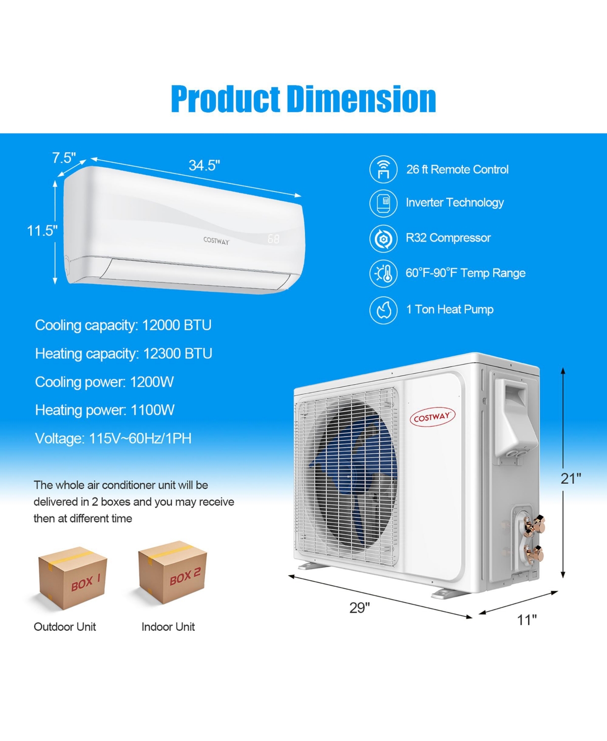 12000 Btu Mini Split Air Conditioner &Heater 20 SEER2 115 V Wall-Mounted Ac Unit
