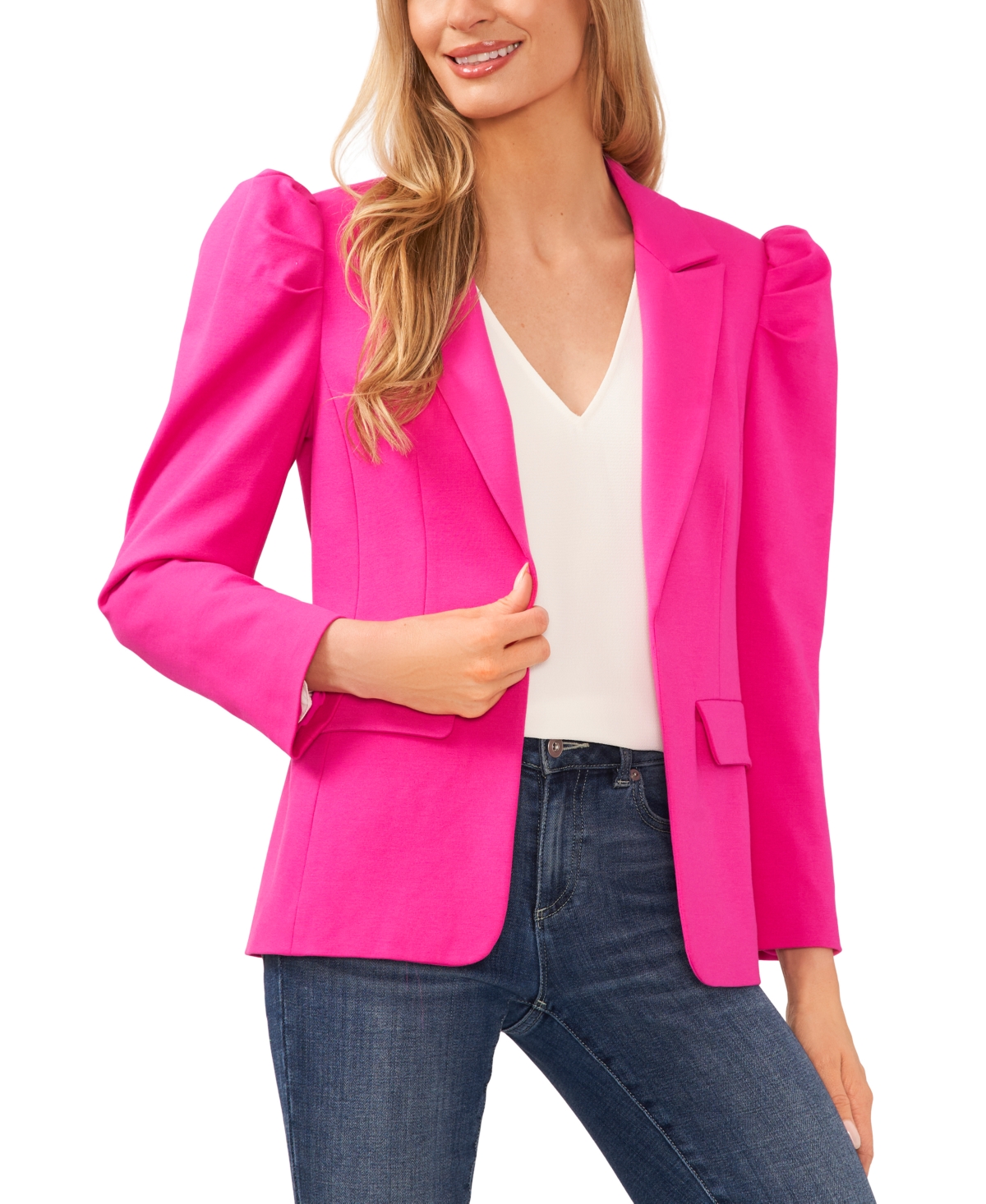 Cece Puff Shoulder Open Front Ponte Blazer In Garden Rose