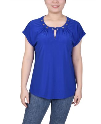 売れ筋商品|||ニューヨークコレクション カットソー トップス レディース Plus Size Short Sleeve Y-Neck Jacquard Knit Top Blue Curacao NY Collection Short Sleeve Y-neck Jacquard Knit Top In Blue