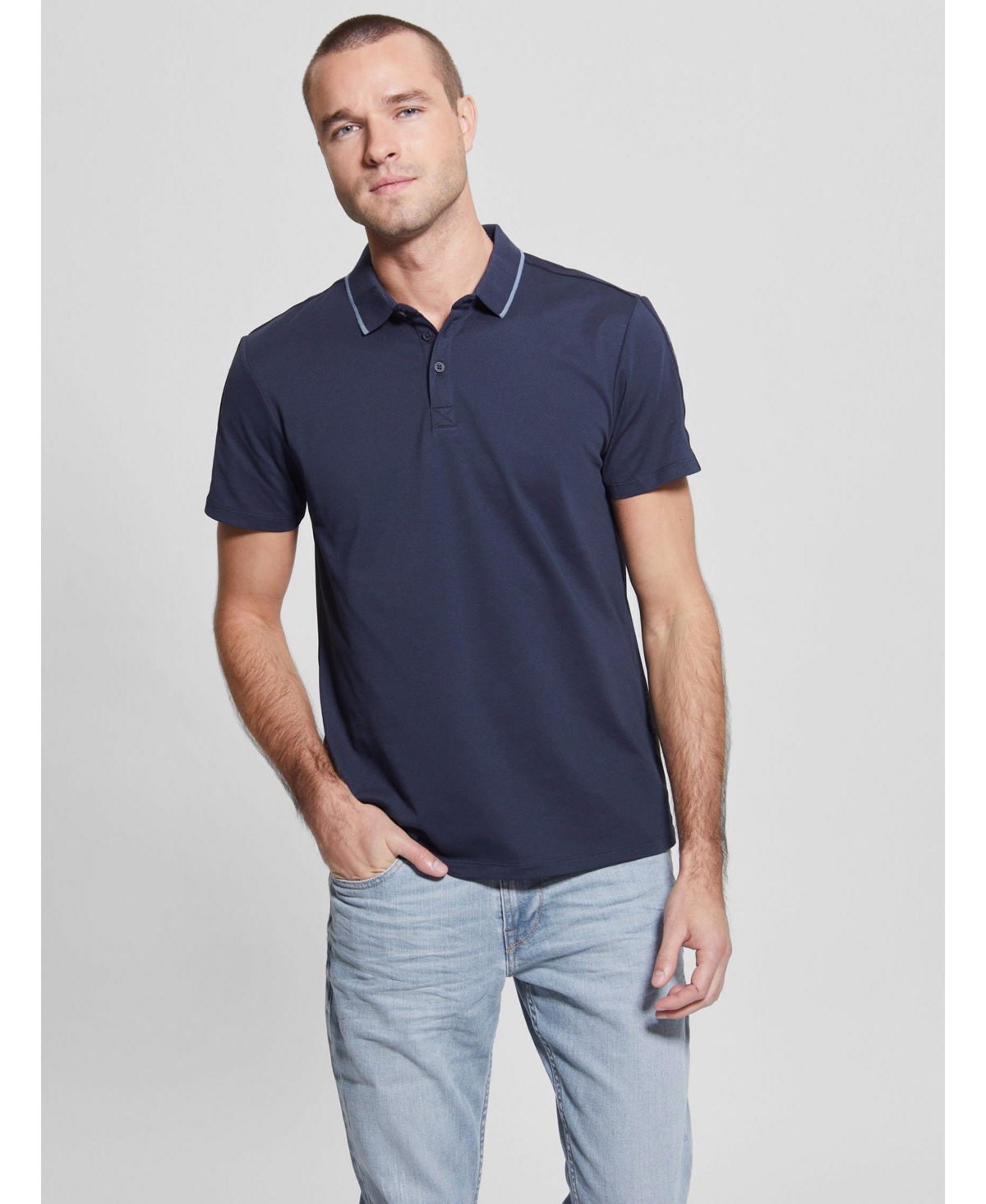 Guess Men's Logo Taped Tipped Collar Polo Shirt In Blue