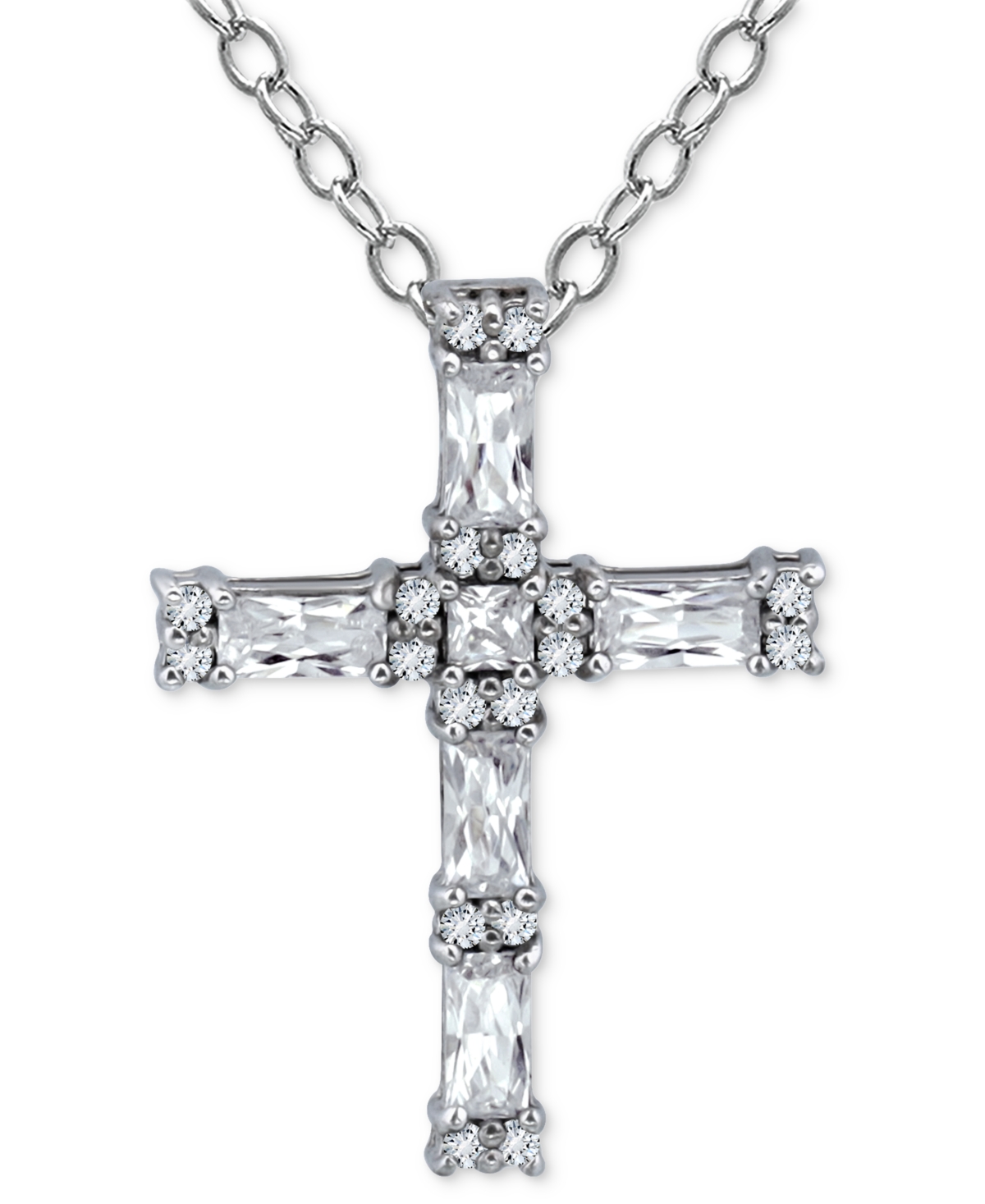 Giani Bernini Cubic Zirconia Baguette & Round Cross Pendant Necklace, 16" + 2" Extender, Created For Macy's In Silver