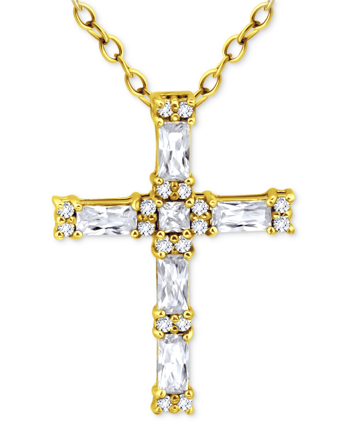 Giani Bernini Cubic Zirconia Baguette & Round Cross Pendant Necklace, 16" + 2" Extender, Created For Macy's In Gold