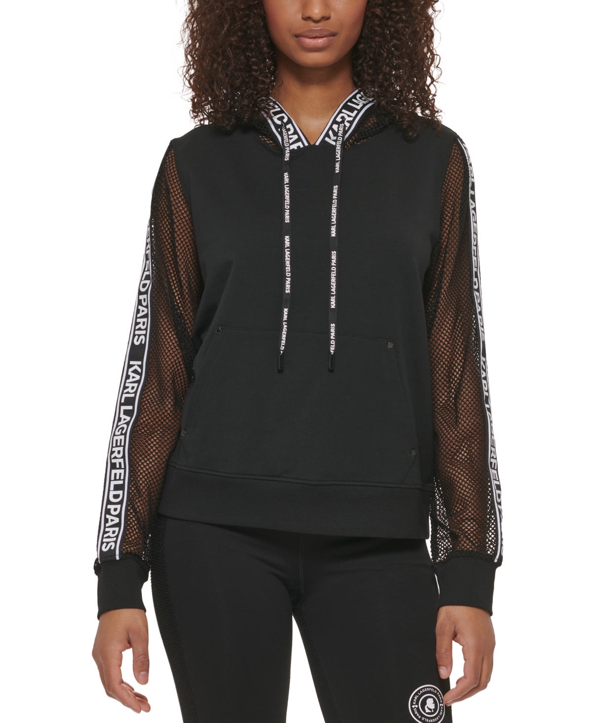 Karl Lagerfeld Women's Mesh Logo-tape Hoodie In Black