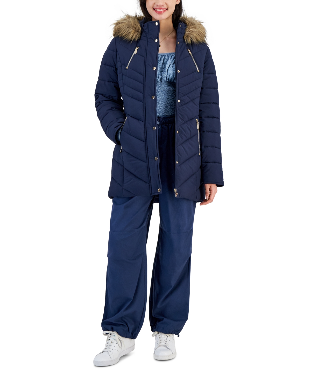 Maralyn & Me Juniors' Faux-Fur-Trim Hooded Puffer Coat, Created for Macy's