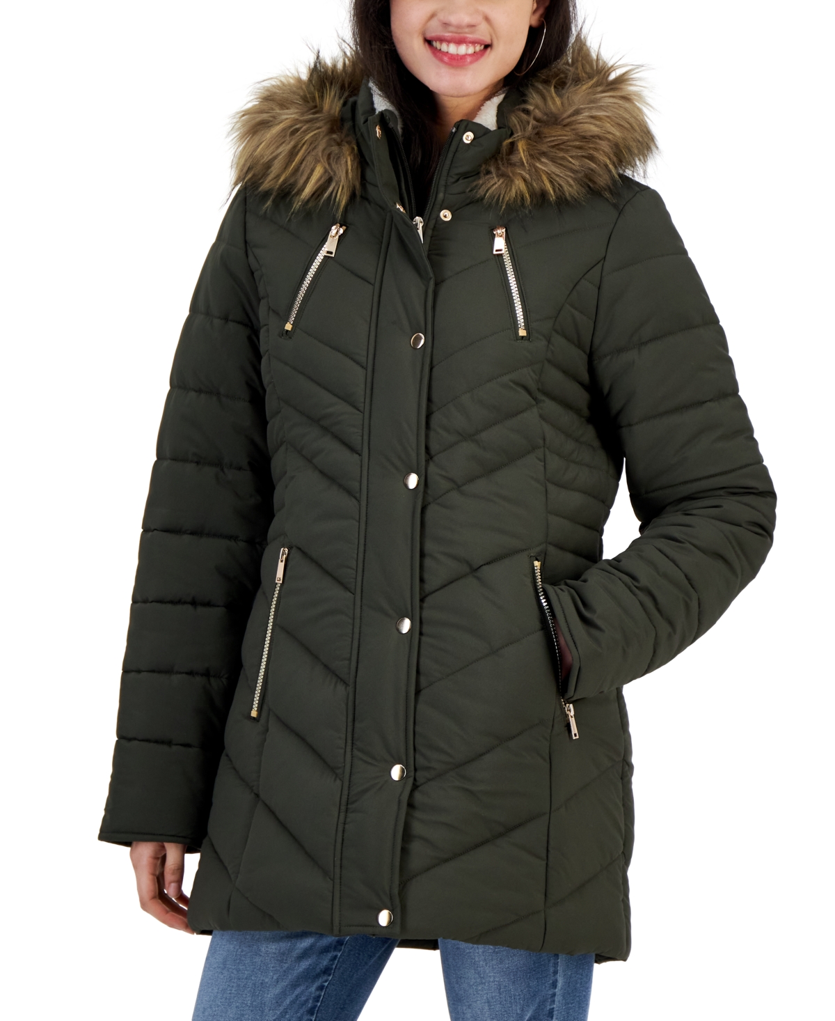 Maralyn & Me Juniors' Faux-Fur-Trim Hooded Puffer Coat, Created for Macy's