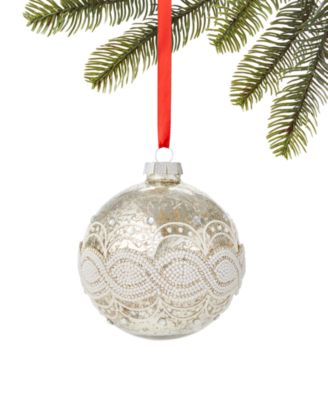 Holiday Lane - Silver Bells White Ball with Gold-Tone Beads Ornament