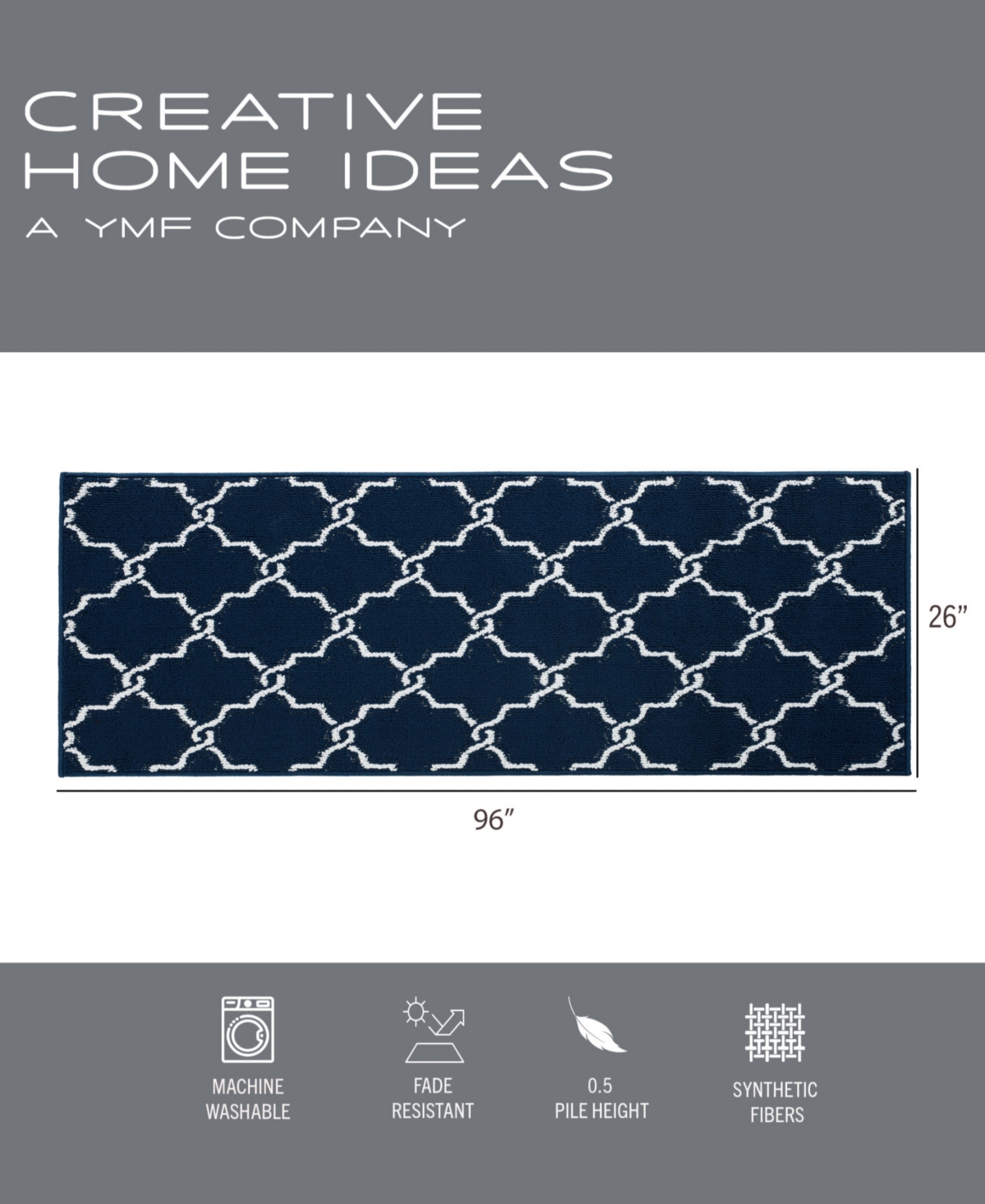 Jean Pierre - Machine Washable Yohan Trellis Tufted Runner Rug, - Navy and White