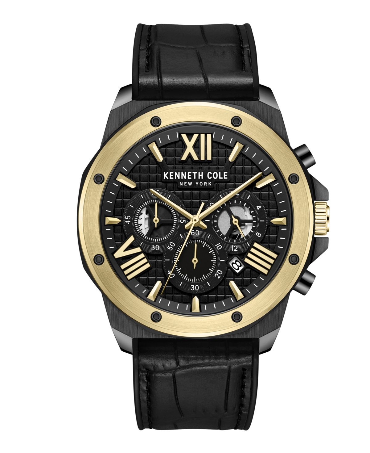 Men's Chronograph Dress Sport Black Genuine Leather Silicone Watch 45mm - Black