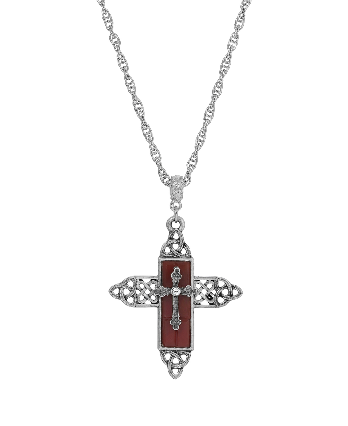 2028 Color Glass Crystal Filigree Cross Necklace In Brown